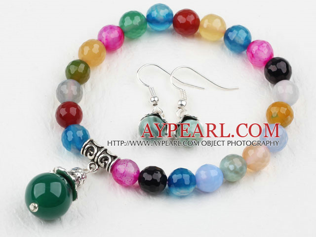 Classic Design Round Faceted Multi Color Agate Beaded Bracelet with Matched Earrings