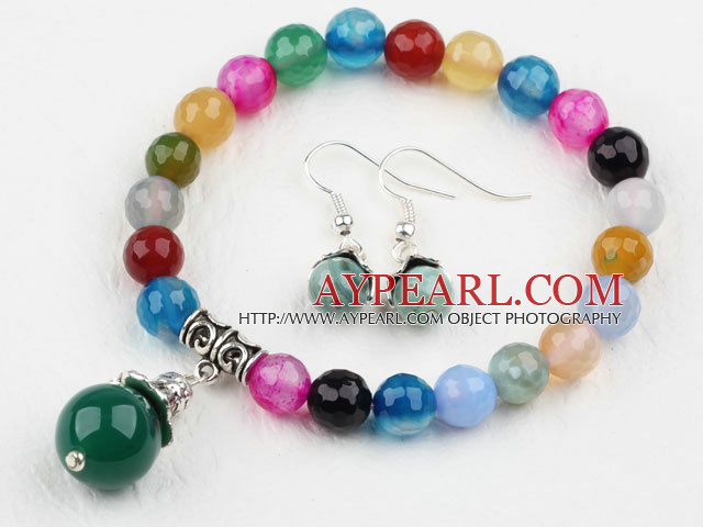 Classic Design Round Fasettert Multi Color Agate Beaded armbånd med Samsvarende øredobber