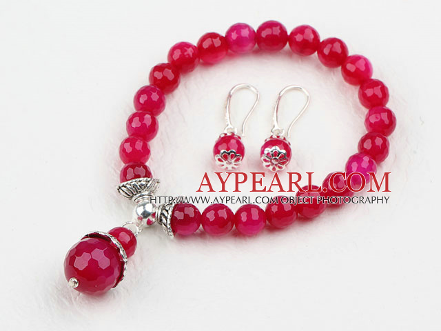 Classic Design Faceted Round Rose Red Agate Beaded Bracelet with Matched Earrings