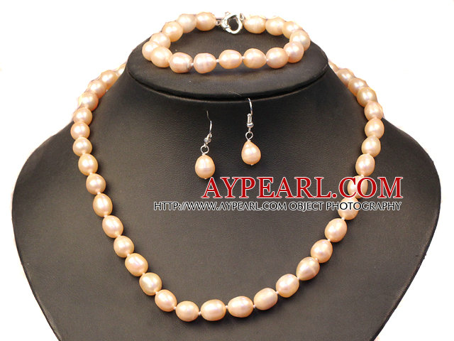 Grasiøs Mor Gift 8-9mm Natural Pink Freshwater Pearl Jewelry Set (halskjede, armbånd og øredobber)