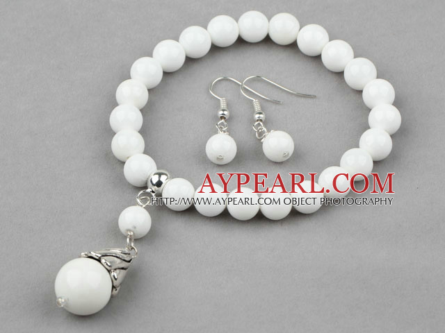 Classic Design ronde pierre porcelaine blanche perlée Bracelet et boucles d'oreilles appariées