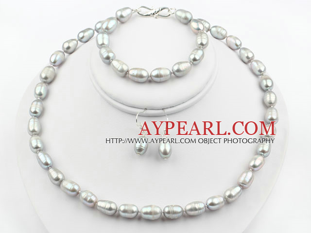 * 9-10мм серый цвет Райс Форма пресной воды Перл Set (браслет и ожерелье Согласованные серьги)