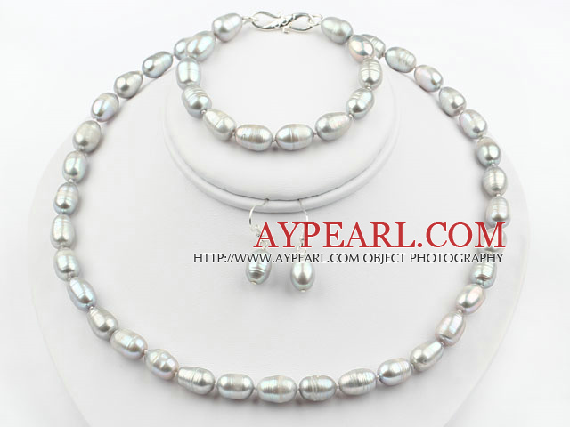 * 9-10mm riz gris Forme Couleur perle d'eau douce Set (Bracelet Collier et boucles d'oreilles appariées)