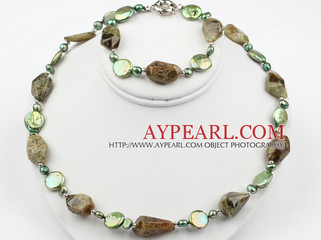 Green Pearl and Green Garnet Set ( Necklace and Matched Bracelet )
