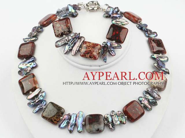 Biwa Perle und Roter Jaspis Set (Halskette und Armband Matched)