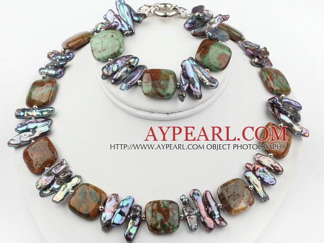 Biwa Pearl and Green Opal Set ( Necklace and Matched Bracelet )