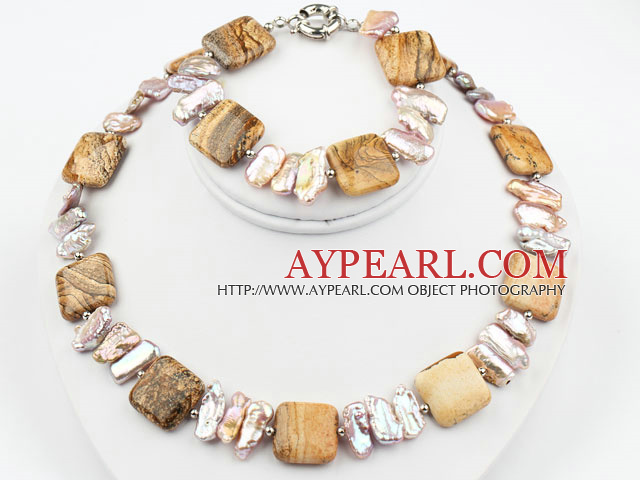 Biwa Pearl and Picture Jasper Set ( Necklace and Matched Bracelet )