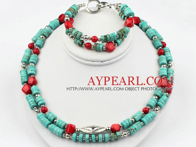 Две нити бирюзовый и Red Coral Set (ожерелье и браслет согласованный)