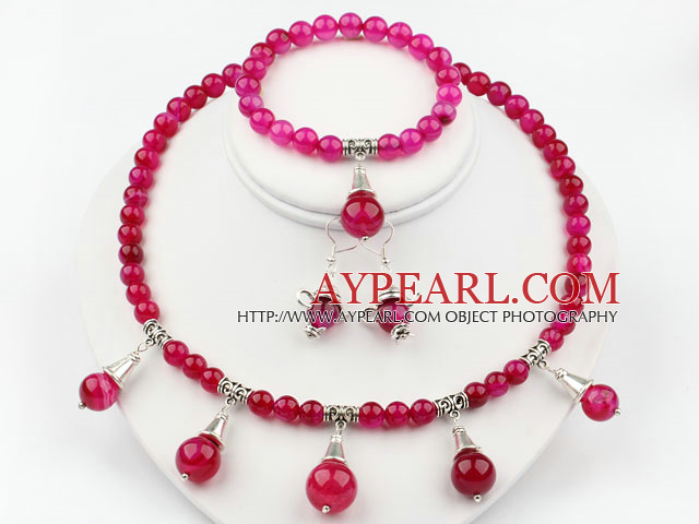Rose Pink Agate Set ( Necklace Bracelet and Matched Earrings )