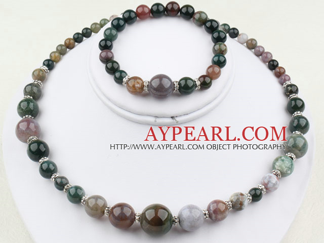 Rund indiska Agate Beaded Set (Neacklace och matchas Armband)