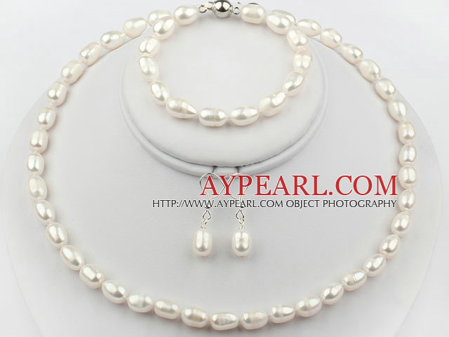 8-9mm White Color Rice Freshwater Pearl Set ( Necklace Bracelet and Matched Earrings )