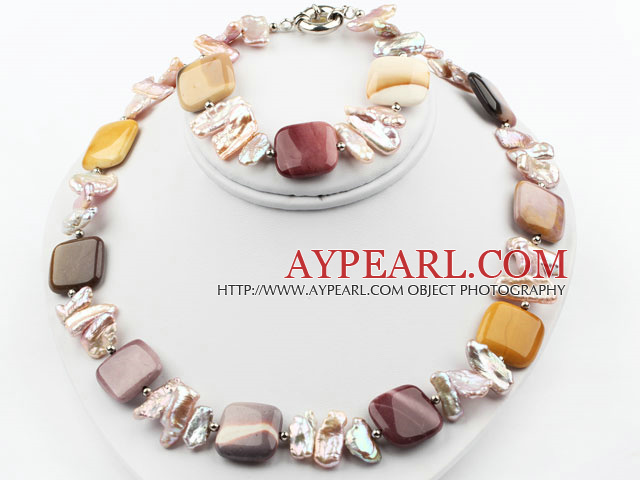 Biwa Pearl et Silver Leaf Agate Set (Collier et bracelet assortis)