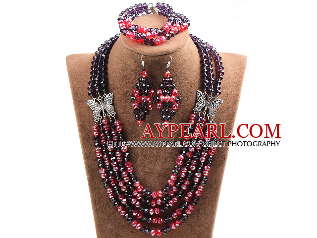 Glamorous 5 lager Lila Röd kristall pärlor afrikansk bröllop smycken set med fjäril tillbehör (halsband med Mathced armband och örhängen)