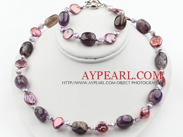 Coin Pearl and Amethyst Set ( Necklace and Matched Earrings )