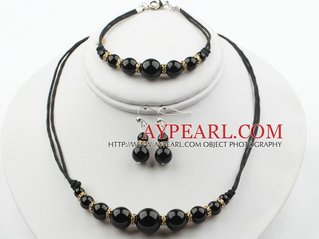 Круглый черный агат Set (браслет и ожерелье Согласованные серьги)