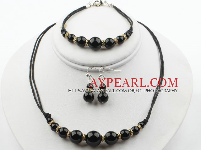 Round Svart Agate Set (kjede armbånd og matchet øredobber)