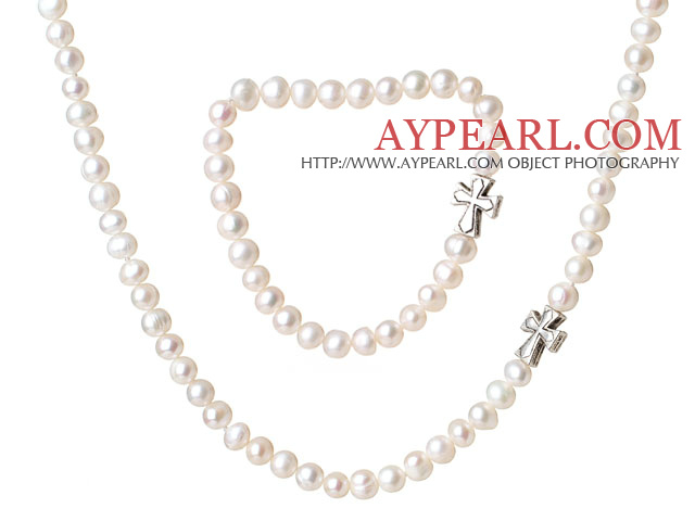 Fancy elegant stil 6-7mm Single Strand Vit Sötvatten Pearl smycken Set med Cross Charm (Halsband med matchade Armband)