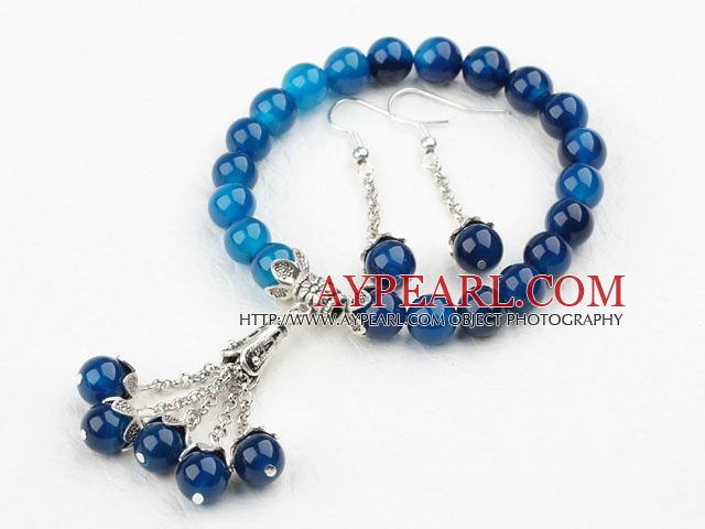 Classic Design Blue Agate Set ( Beaded Bracelet and Matched Earrings )