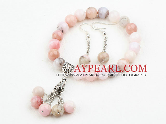 Classic Design Pink Opal Set ( Beaded Bracelet and Matched Earrings )