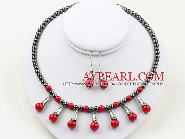 Assorted Hematite Stone and Red Coral Set ( Necklace and Matched Earrings )