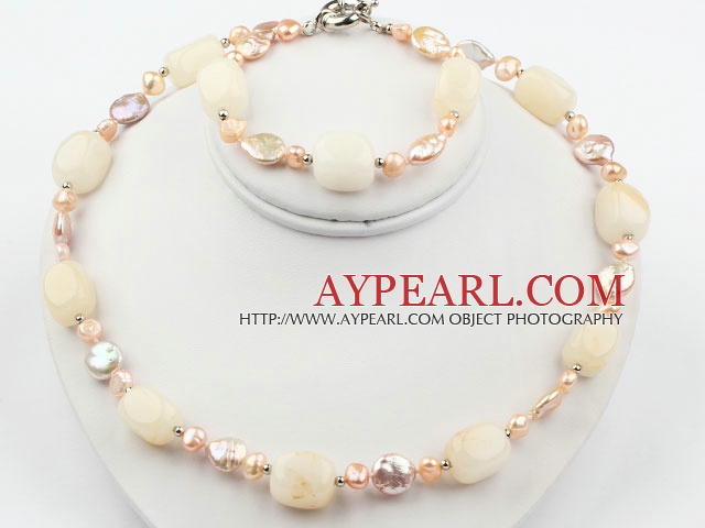 Coin Pearl and Beige Color Jade Set ( Necklace and Matched Bracelet )