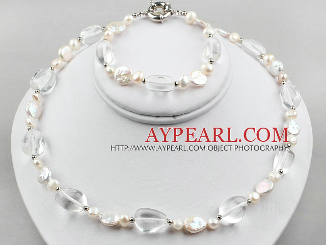 Coin Pearl and Clear Crystal Set ( Necklace and Matched Bracelet )