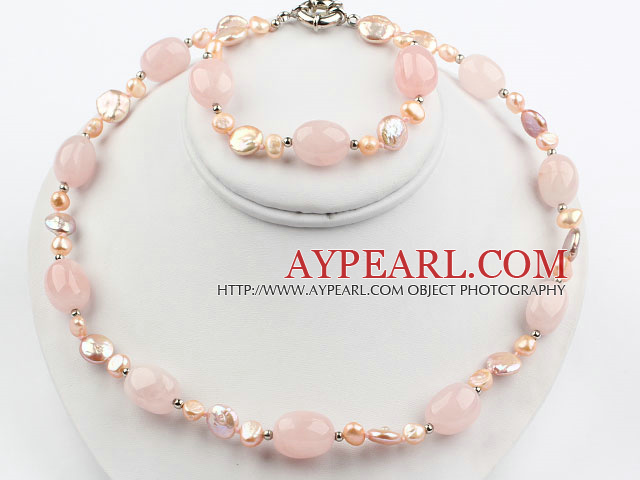 Монеты Pearl и Розовый кварц Set (ожерелье и браслет согласованный)