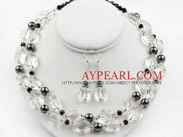 Faceted Clear Crystal and Hematite Stone Set ( Necklace and Matched Earrings )