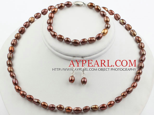 5-6mm Brown Freshwater Pearl Set ( Beaded Necklace, Bracelet and Matchd Earrings )