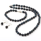 6-7mm Noir Forme d'eau douce montée perle Set (Boucles d'oreilles en perles Bracelet Collier et Matched)