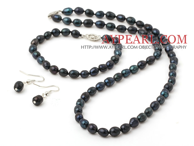 6-7mm Black Rise Shape Freshwater Pearl Set ( Beaded Necklace Bracelet and Matched Earrings )