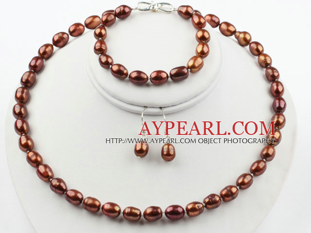 9-10mm Brown Rise Shape Freshwater Pearl Set (pärlstav halsband Armband och matchade Örhängen)