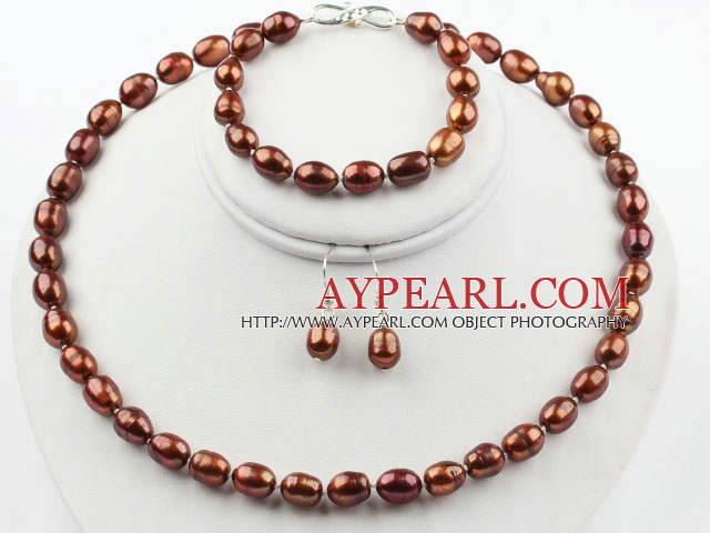 9-10mm Brown Rise Shape makeanveden helmi Set (helmillä kaulakoru rannerengas ja Vastaavat korvakorut)