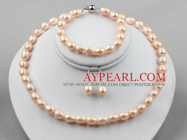 9-10mm Natural Pink Freshwater Pearl Set ( Beaded Necklace Bracelet and Matched Earrings )