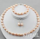 9-10mm Natural Pink Long Style ris Freshwater Pearl Set (pärlstav halsband Armband och matchade Örhängen)
