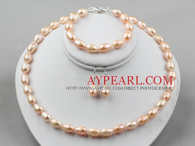 9-10mm Natural Pink lang stil Rice Freshwater Pearl Set (Beaded halskjede armbånd og matchet øredobber)