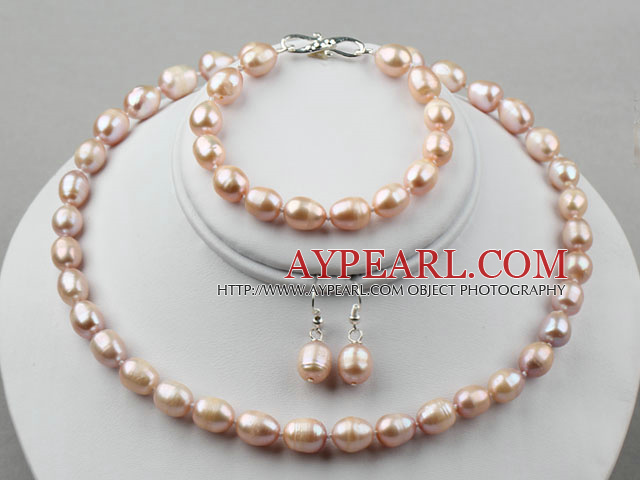 9-10mm naturel pourpre perle d'eau douce Set (Bracelet Collier de perles et boucles d'oreilles appariées)