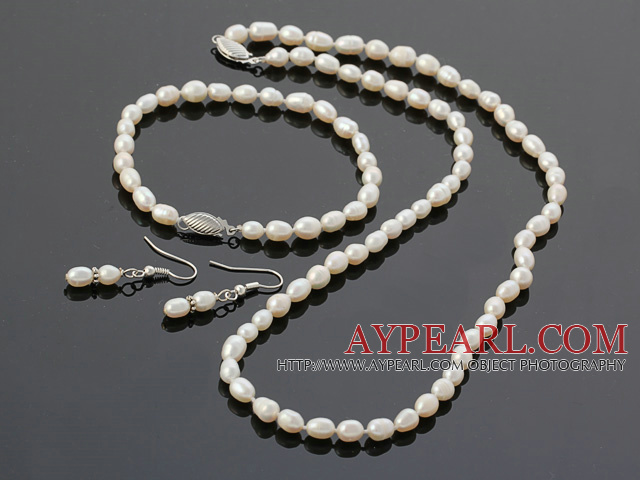 3-4mm White Rice Freshwater Pearl Set ( Beaded Necklace Bracelet and Matched Earrings )