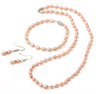 5*6mm Natural Pink Rice Freshwater Pearl Set ( Beaded Necklace Bracelet and Matched Earrings )