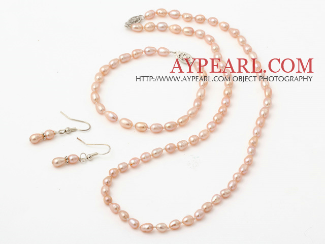 5 * 6mm Natural Pink Rice Freshwater Pearl Set (Beaded kjede armbånd og matchet øredobber)