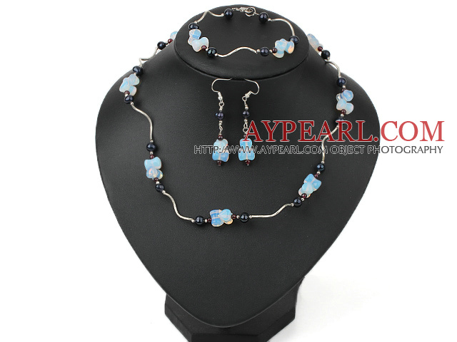 hot garnet  black pearl and opal necklace bracelet earring set