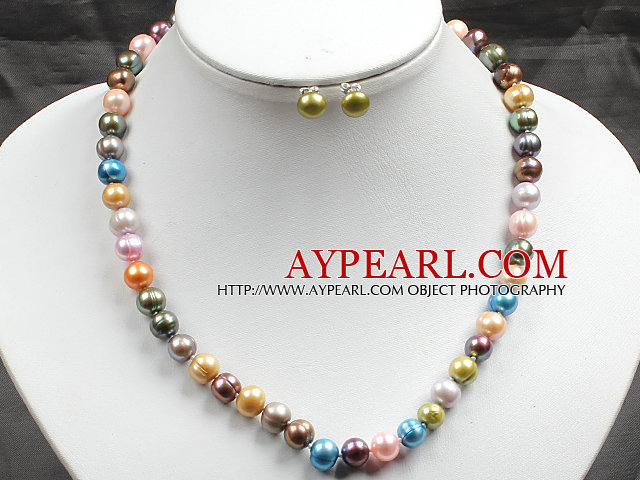 8-9mm Multi Color Pearl Necklace and Matched Studs Earrings Sets