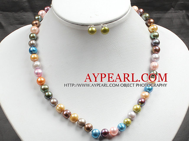 8-9mm Multi Color Pearl Necklace og matchet Studs øredobber Sets