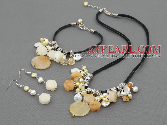 Fashion Multi Yellow Jade And Coin Pearl Crystal Set (Necklace Bracelet And Matched Earrings)