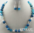 Facettes Brésil Agate Blue Stripe Set (Collier et boucles d'oreilles appariées)