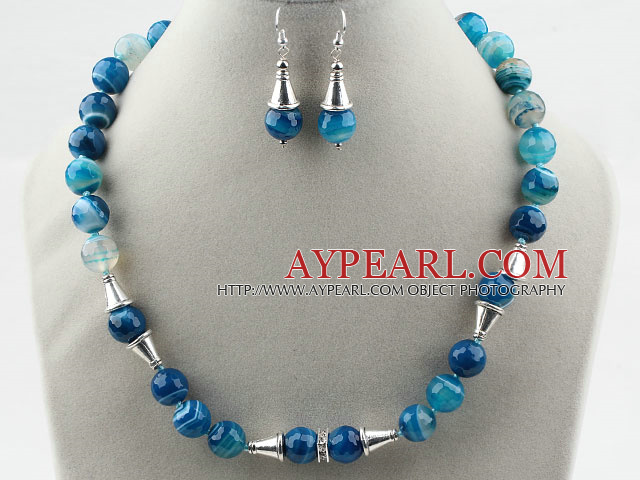 Faceted Brasilien Blue Stripe Achat-Set (Halskette und Ohrringe Matched)
