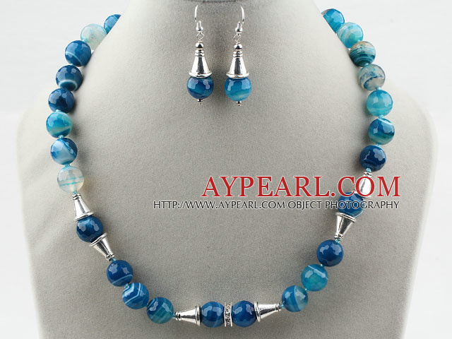 Mångfacetterad Brasilien Blue Stripe Agate Set (Halsband och matchade örhängen)