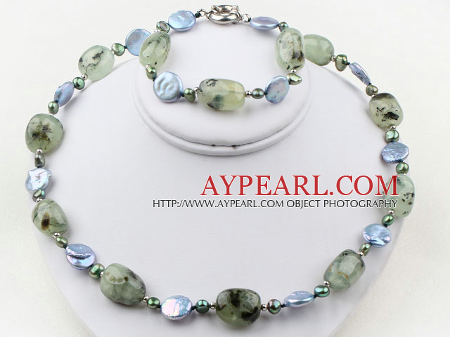 Blue Coin Pearl and Green Rutilated Quartz Set ( Necklace and Matched Bracelet )