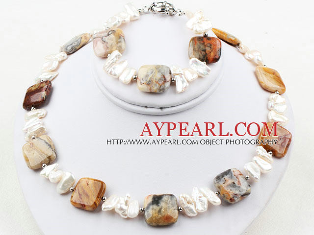 Hvit Big Biwa Pearl og Agate Set (kjede og matchet armbånd)