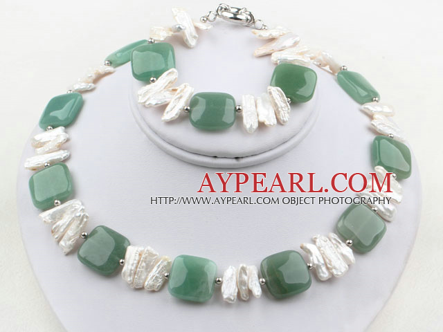 White Big Biwa Pearl and Square Aventurine Set ( Necklace and Matched Bracelet )